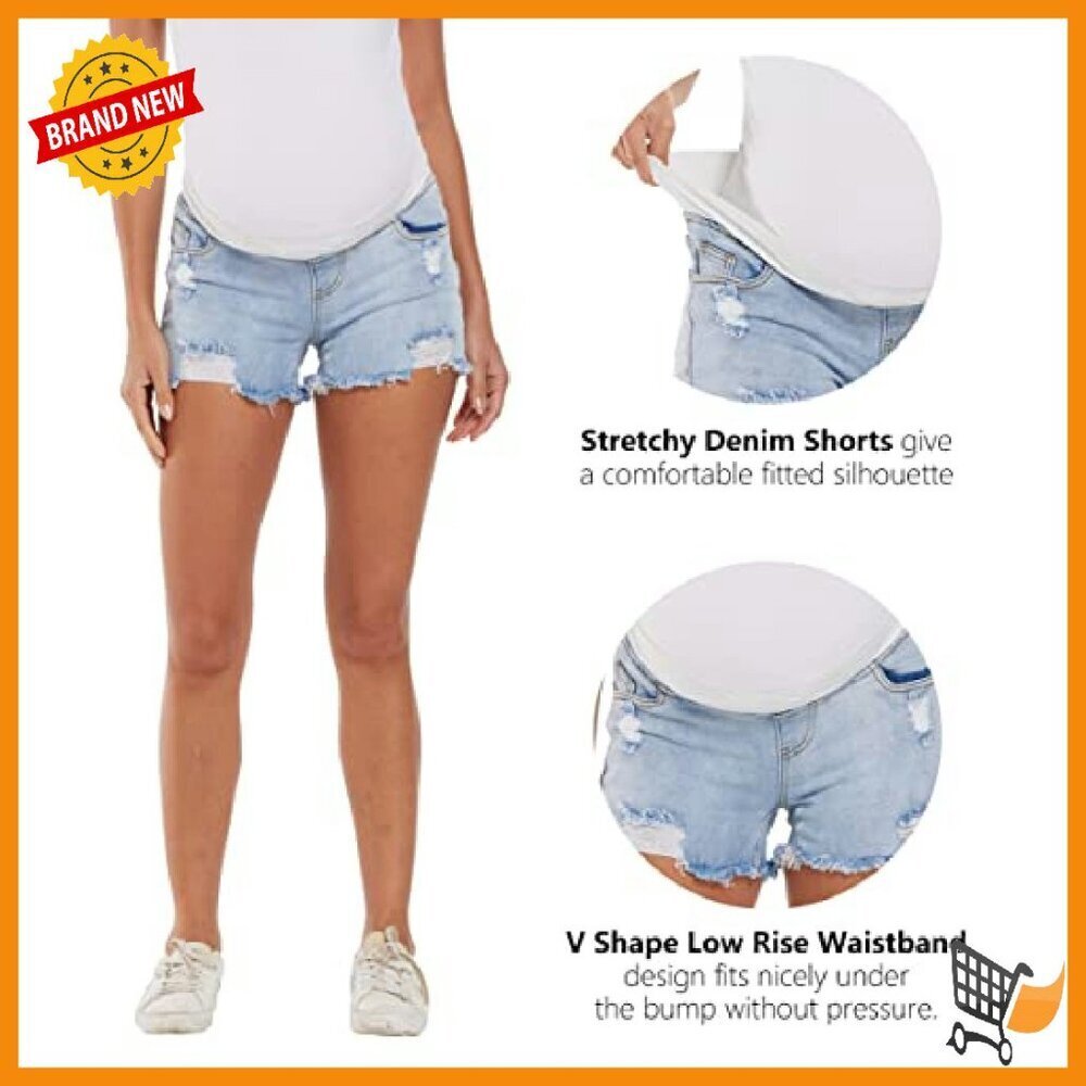 Maternity Ripped Denim Shorts Under Belly V-Shape Low Rise - Picture 3 of 8